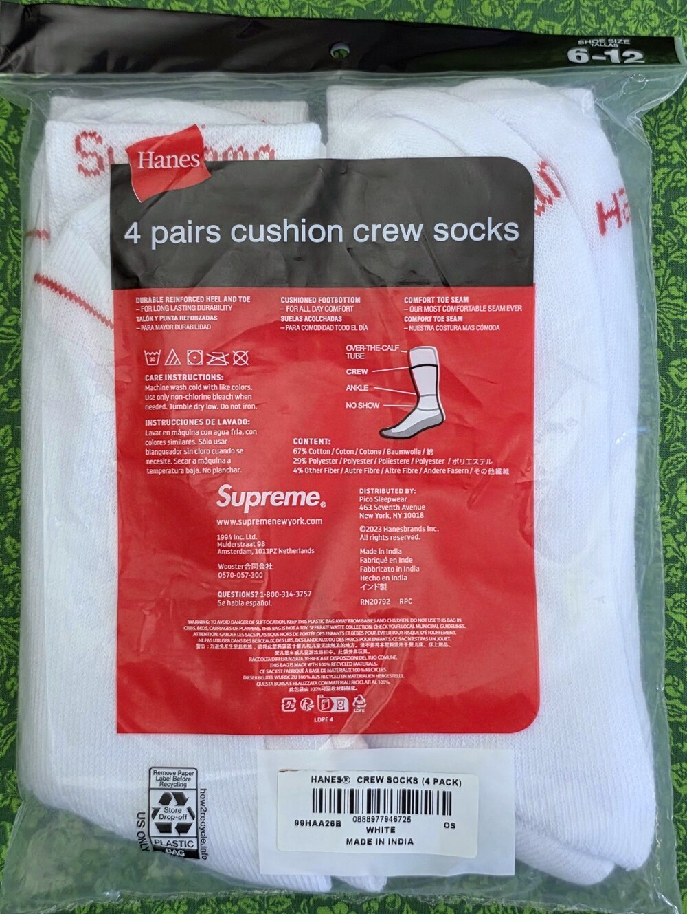 Hanes White Crew Socks with Red Supreme Logo - 4 Pairs - Picture 2 of 2